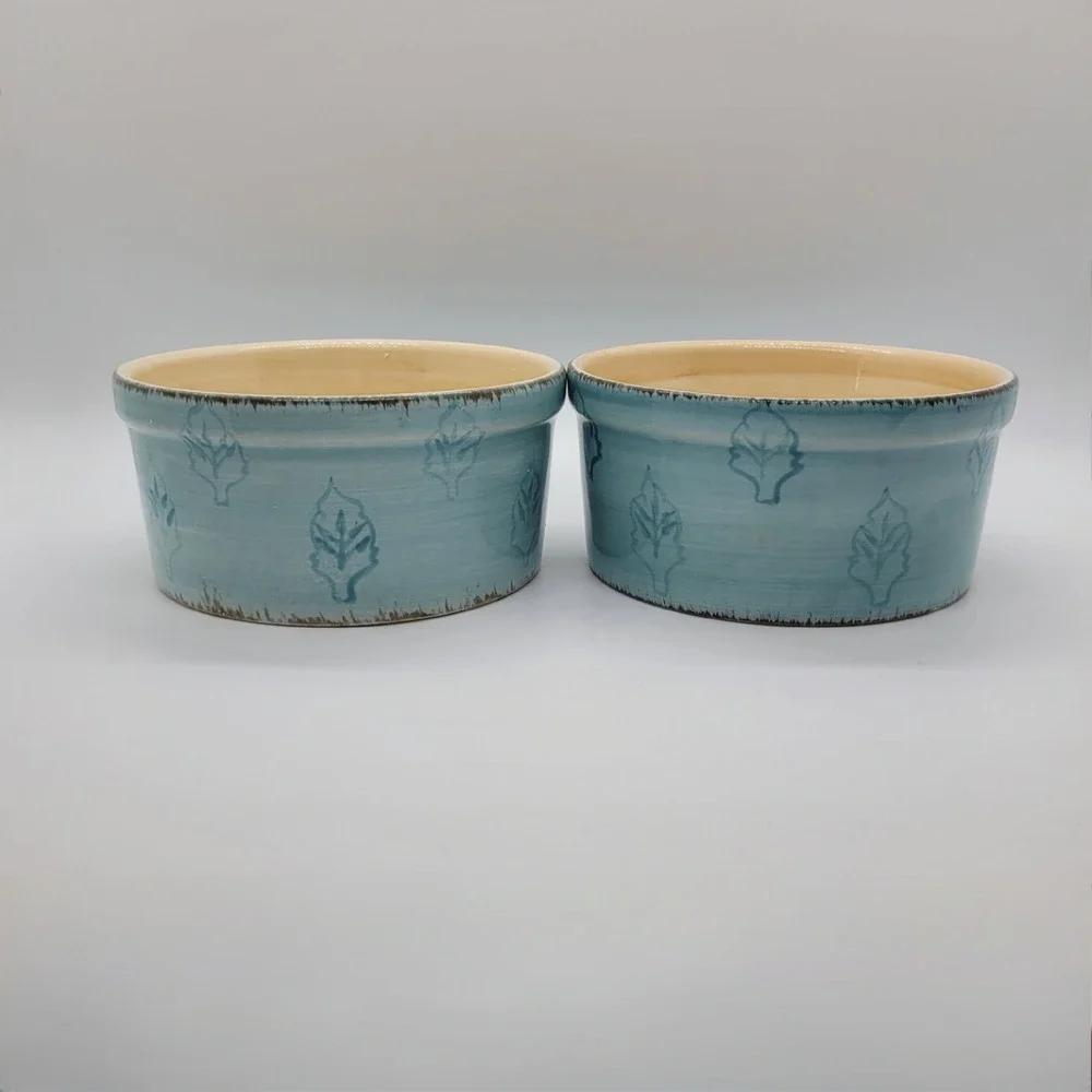 Bella Ceramics Pastis Blue Leaf Ceramic Set of 2 Pet Food Bowls‎ 5 Inch